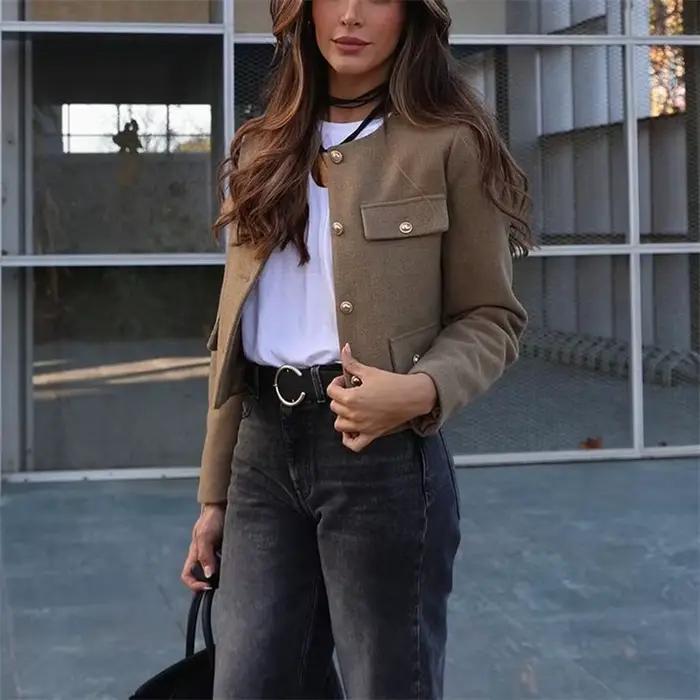 MUJER 2025 recadrée Tweed veste femme manteau bouton à manches longues vestes élégantes pour femmes manteaux courts mode nouveau dans les vêtements d'extérieur