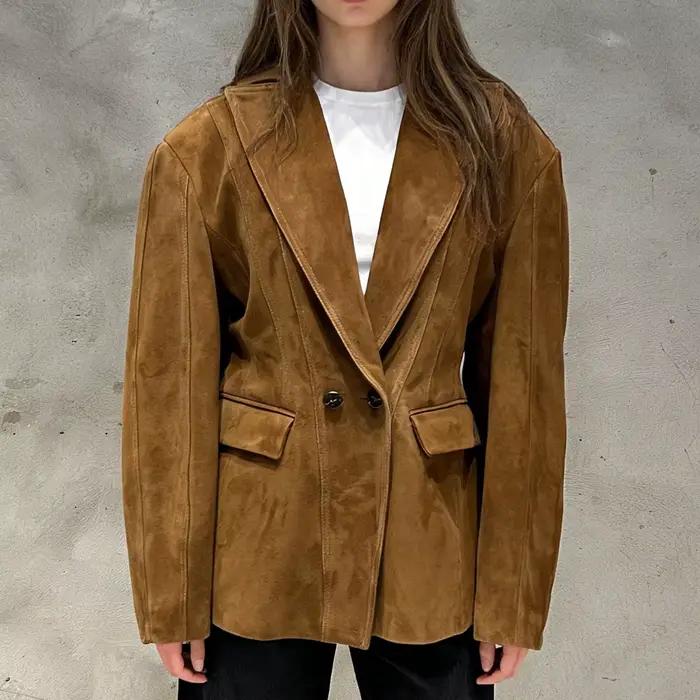 Blazer en daim rétro pour femme, vestes en cuir véritable, style décontracté, automne-hiver, col rabattu, doublure polyester, disponibles en plusieurs couleurs et tailles asiatiques