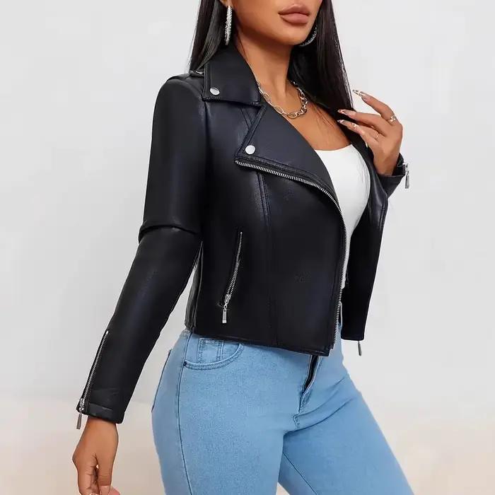 Veste en cuir noir haut de gamme au design tendance pour femmes