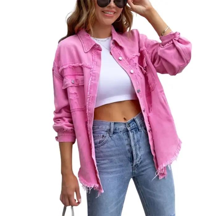 Veste en jean monochrome pour femme avec trous cassés, cardigan boutonné, manteau confortable, streetwear décontracté, mode pour femme