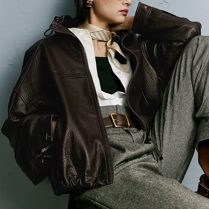 Veste en cuir véritable pour femme