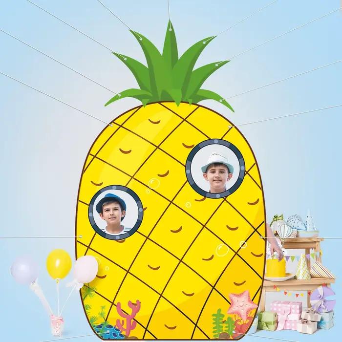 Grand toile de fond jaune ananas pour photos d'été, bannière de porte de maison de dessin animé avec fenêtres photo, thème tropical Hawaï, mer, plage, anniversaire