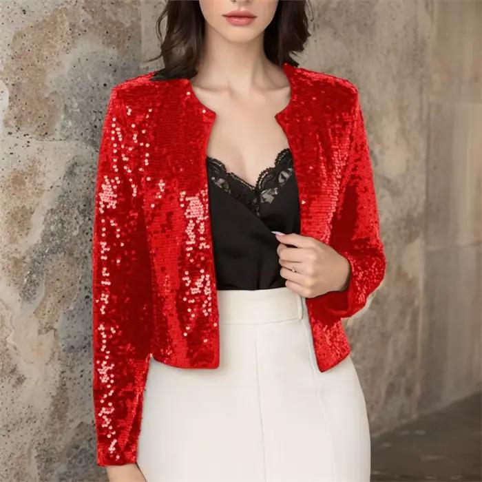 Manteau à Paillettes pour Femme, Veste Courte, Streetwear, Col Rond, Manches sulf, Décontracté, Slim, Printemps Été 2025