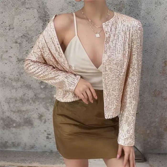 Manteau à Paillettes pour Femme, Veste Courte, Streetwear, Col Rond, Manches sulf, Décontracté, Slim, Printemps Été 2025