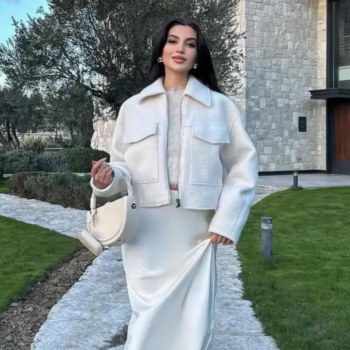 Mujer Blanc Tweed Veste Femmes Recadrée Bomber Veste Femmes à Manches Longues Veste à Glissière Femme Automne Streetwear Vêtements D'extérieure