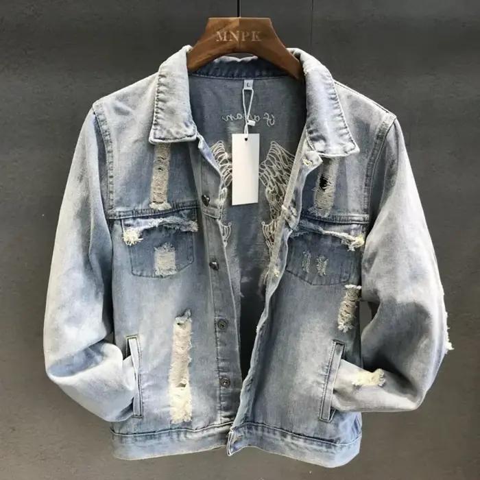 Manteau de Cowboy pour hommes avec trou vestes en jean homme ample automne déchiré de tissu vêtements
