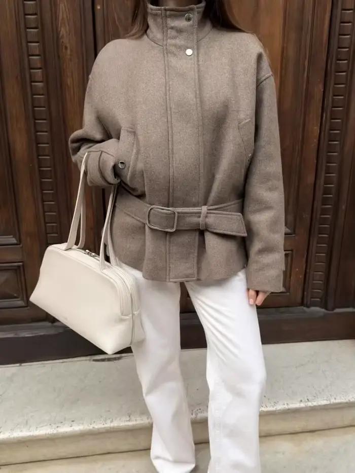 Manteau en laine mélangée HH Fashion avec ceinture pour femme