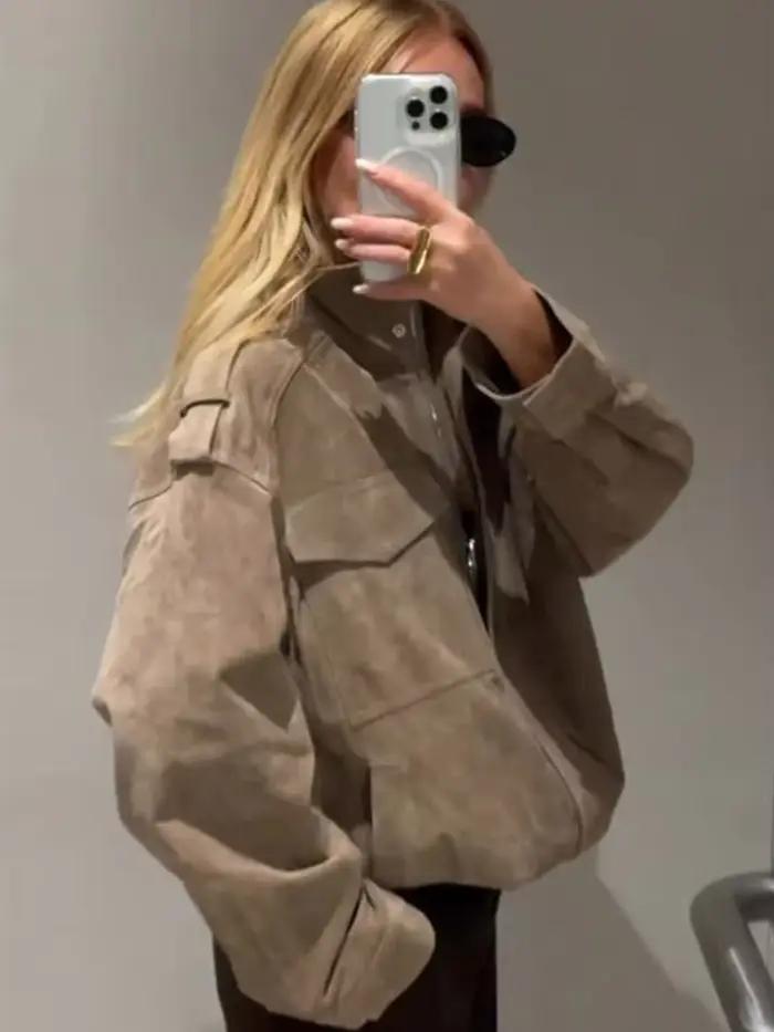 Femmes Chic court col montant veste en daim mode Chic fermeture éclair poche vêtements d'extérieur amples nouvelle dame automne nouveaux manteaux de rue quotidiens