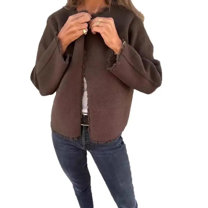 Manteau en Tweed à manches longues et col rond pour femme