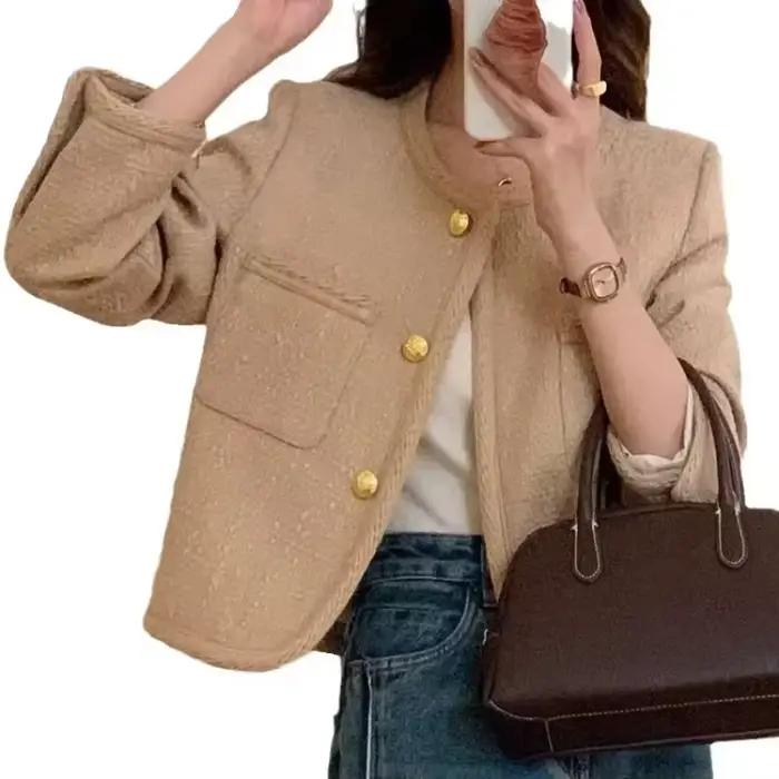 2025 nouveau en manteaux élégant tricoté couleur chameau petit parfum femmes français haute qualité Tweed veste courte Cardigan pardessus manteau