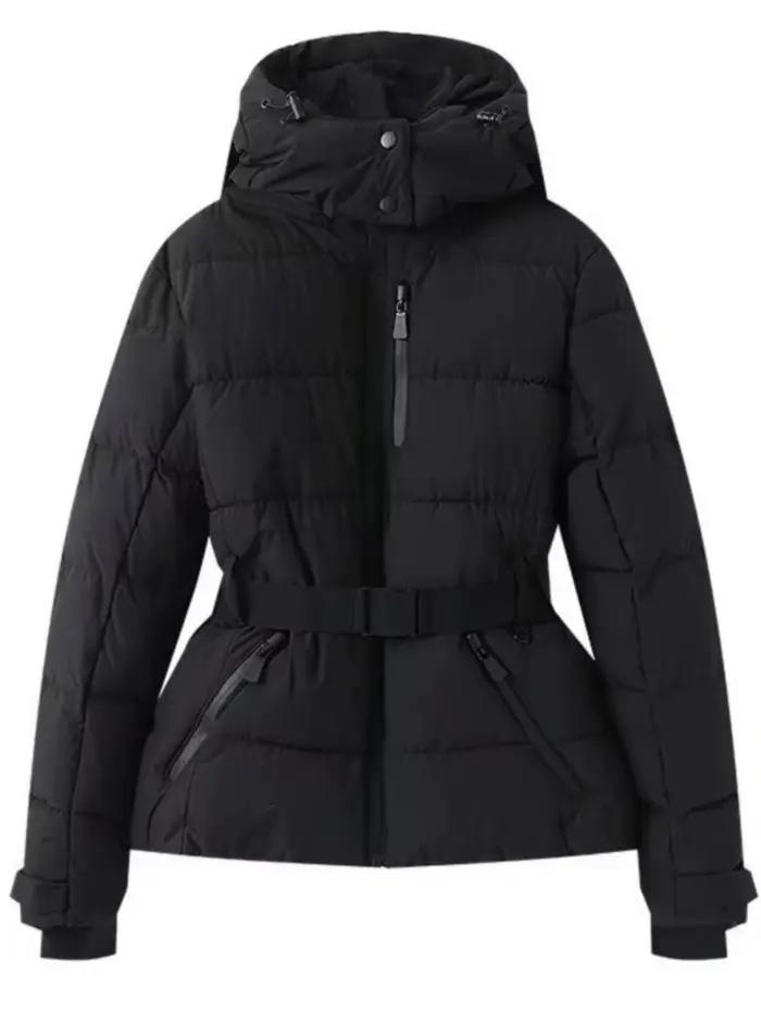 Vestes d'hiver à capuche pour femmes 2026 avec ceinture, parkas chauds et épais à manches longues et col montant, manteaux rembourrés pour le sport, le ski et les activités de plein air