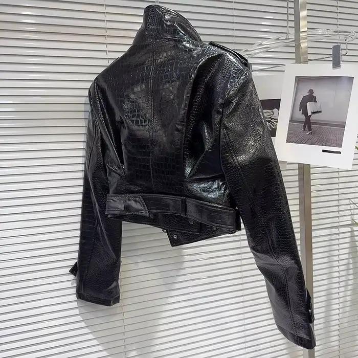 Veste courte en cuir PU KUCLUT avec col rabattu et patch-work pour femmes style moto et occasions spéciales