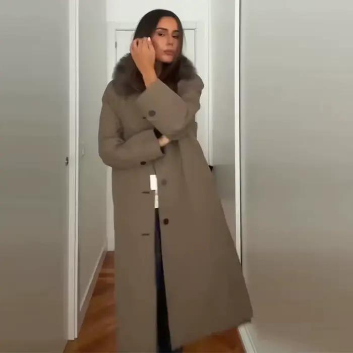 Manteau plaid double-face pour femmes avec col en fausse fourrure, boutonnage simple, coupe ample et manches longues pour automne et hiver