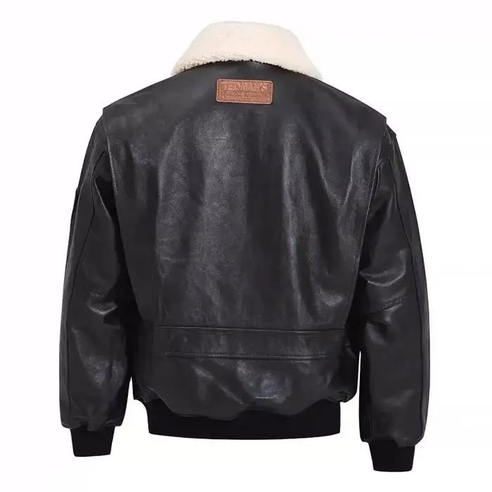 Veste en cuir noire G1 Pilot pour homme, style militaire, col en laine de mouton amovible, cuir véritable, pour faire du shopping et occasions spéciales