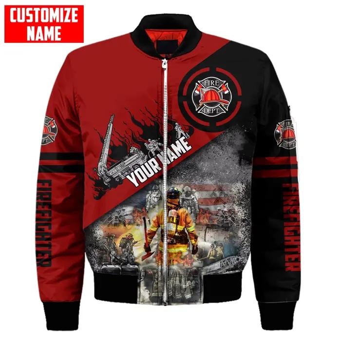 Homme Bomber Personnalisé Nom Brave Pompier 3D Imprimé Hiver Zipper Veste Casual Unisexe Harajuku Streetwear manteau FX-07