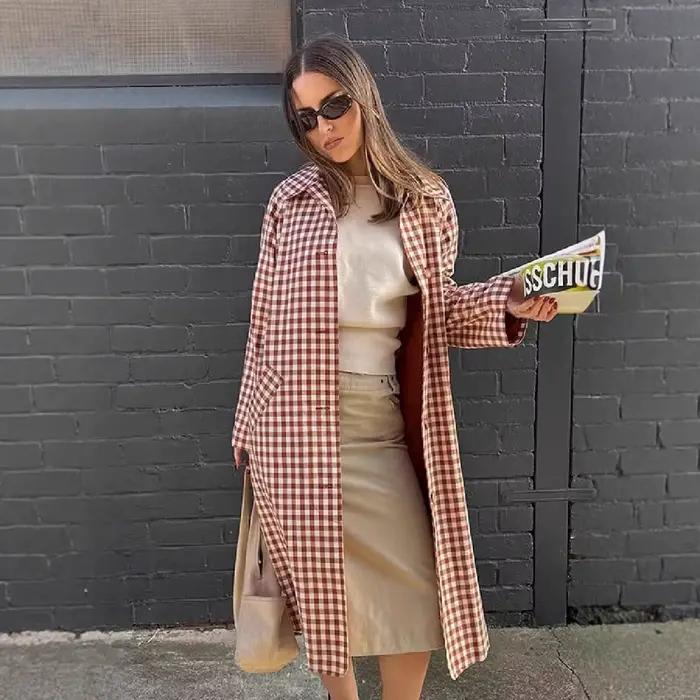 Manteau Femme Élégant en Laine à Carreaux Coupe Slim à Bouton Unique