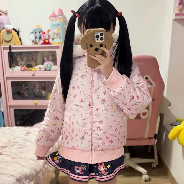 Parka réversible Kawaii en coton et polyester avec broderies de dessins animés pour femmes, look Y2K automne-hiver