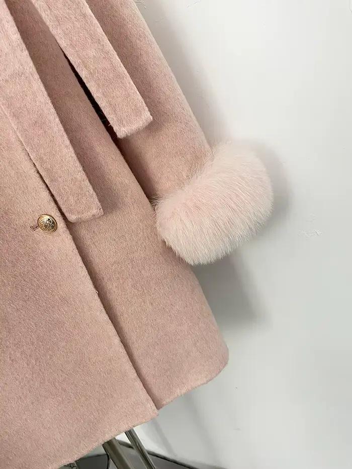 OFTBUY veste en laine avec nœud mi-longue col rond 100% manteau en laine femme nouveau automne hiver Double boutonnage vraie fourrure de renard vêtements en laine