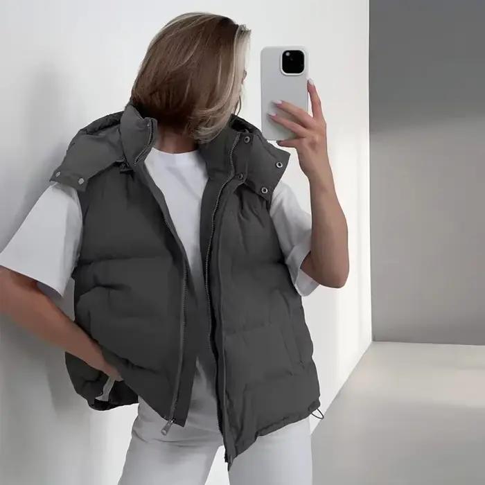 Gilet rembourré à capuche avec fermeture éclair pour femmes, veste en fibre, gilet, parka chaude, manteau, streetwear mode automne hiver occassions spéciales