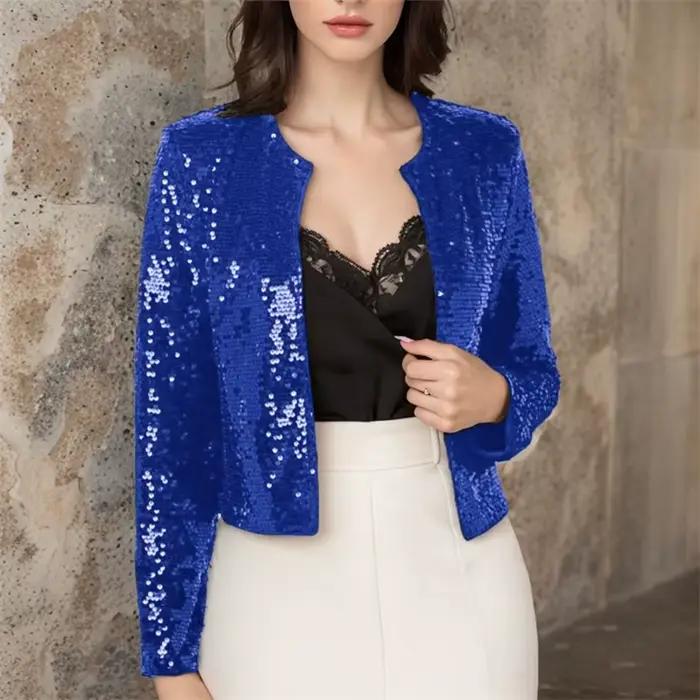 Manteau à Paillettes pour Femme, Veste Courte, Streetwear, Col Rond, Manches sulf, Décontracté, Slim, Printemps Été 2025