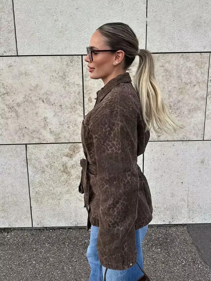 HH femmes mode manteaux léopard col rabattu manches longues nœud à lacets décoration simple boutonnage femme automne vestes