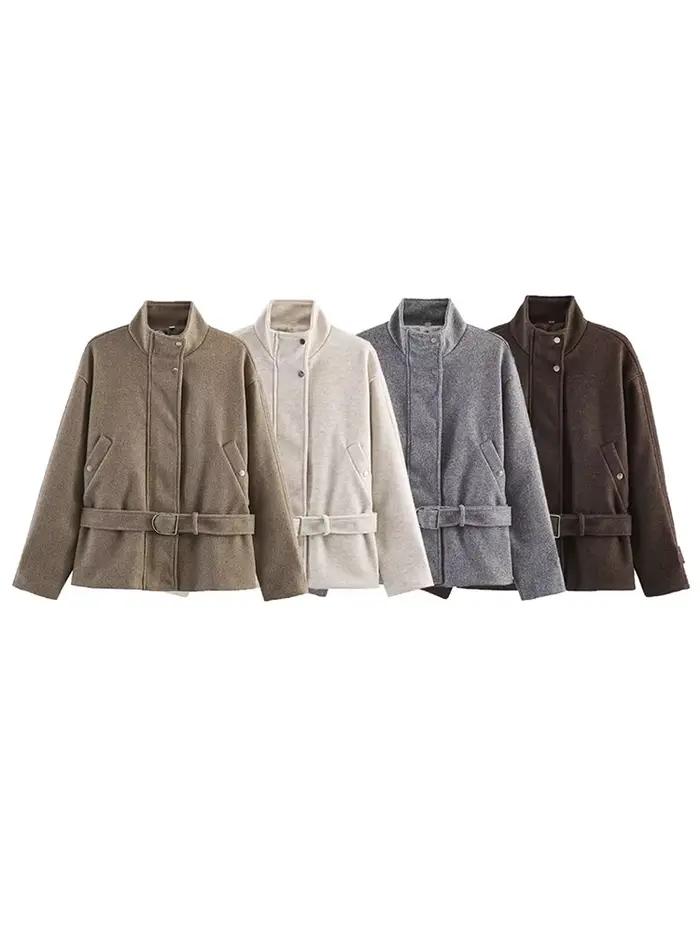 Manteau en laine mélangée HH Fashion avec ceinture pour femme
