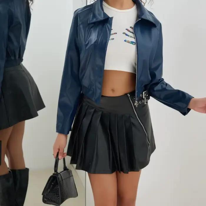 Vêtements pour femmes 2025 nouvelle veste courte en cuir rétro fermeture éclair PU