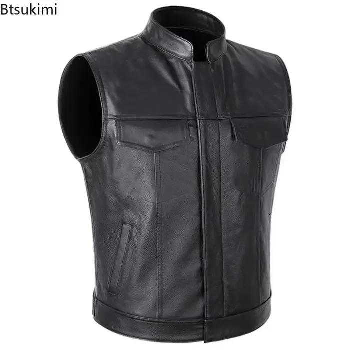 Nouveaux hommes en cuir PU gilet noir fermeture éclair moto