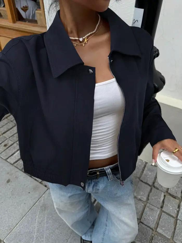 Veste de travail courte cintrée à revers pour femme, bleu marine, manteau décontracté polyvalent pour le quotidien
