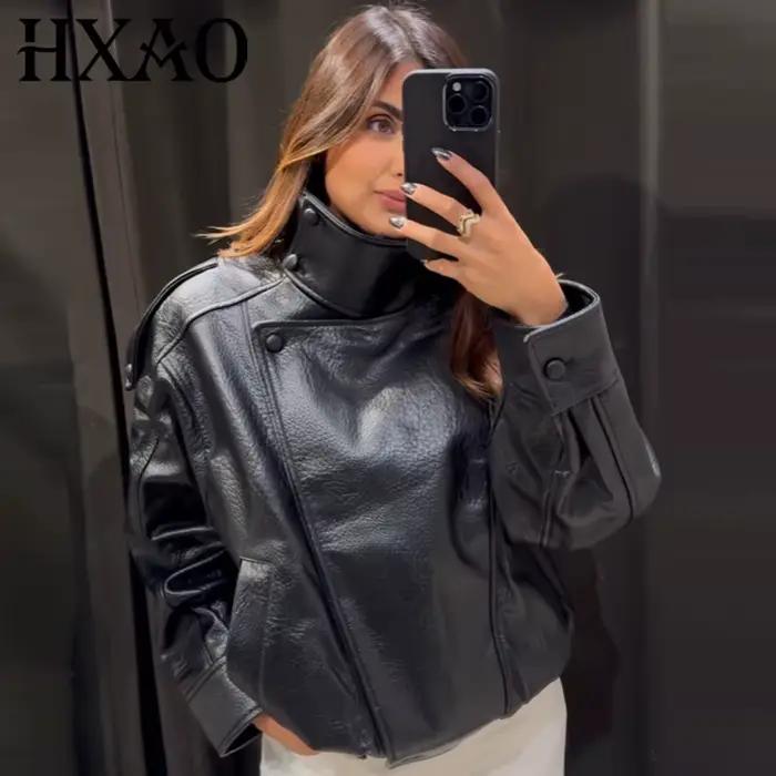 HXAO Faux cuir noir vestes pour femme nouveauté recadrée surdimensionné Bomber veste fermeture éclair à manches longues