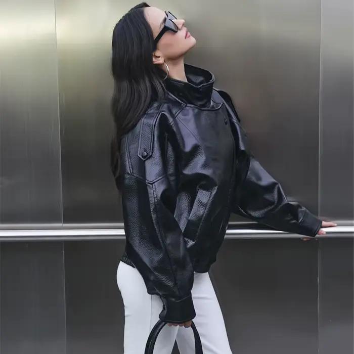 MUJER Faux cuir femme veste noir surdimensionné Bomber vestes pour femmes vêtements d'extérieur hiver pardessus