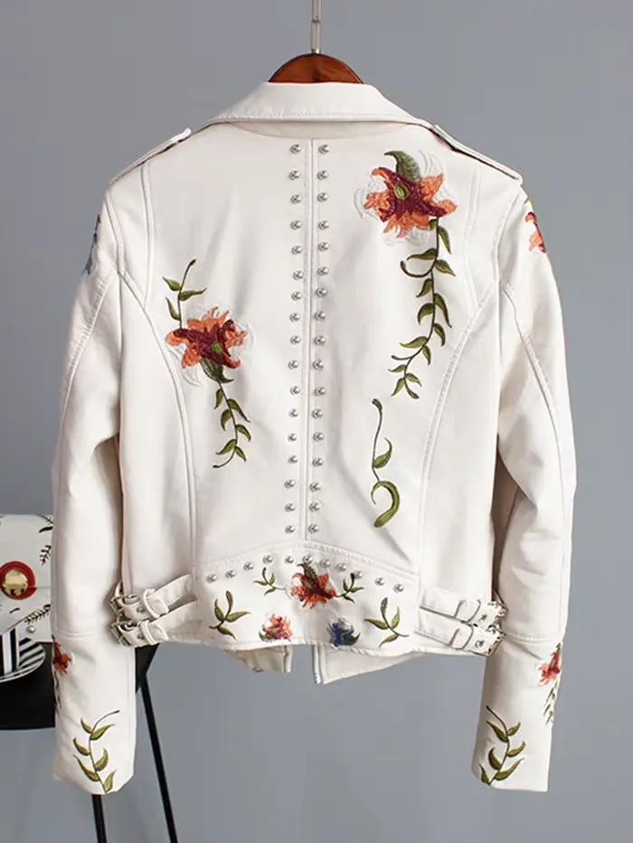 Ly Varey Lin-Veste Brodée en Faux Cuir Souple pour Femme