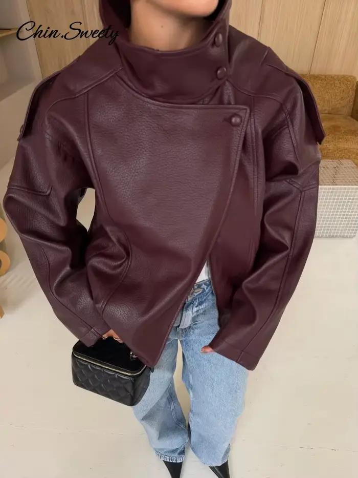 Veste en cuir vintage à col montant pour femme