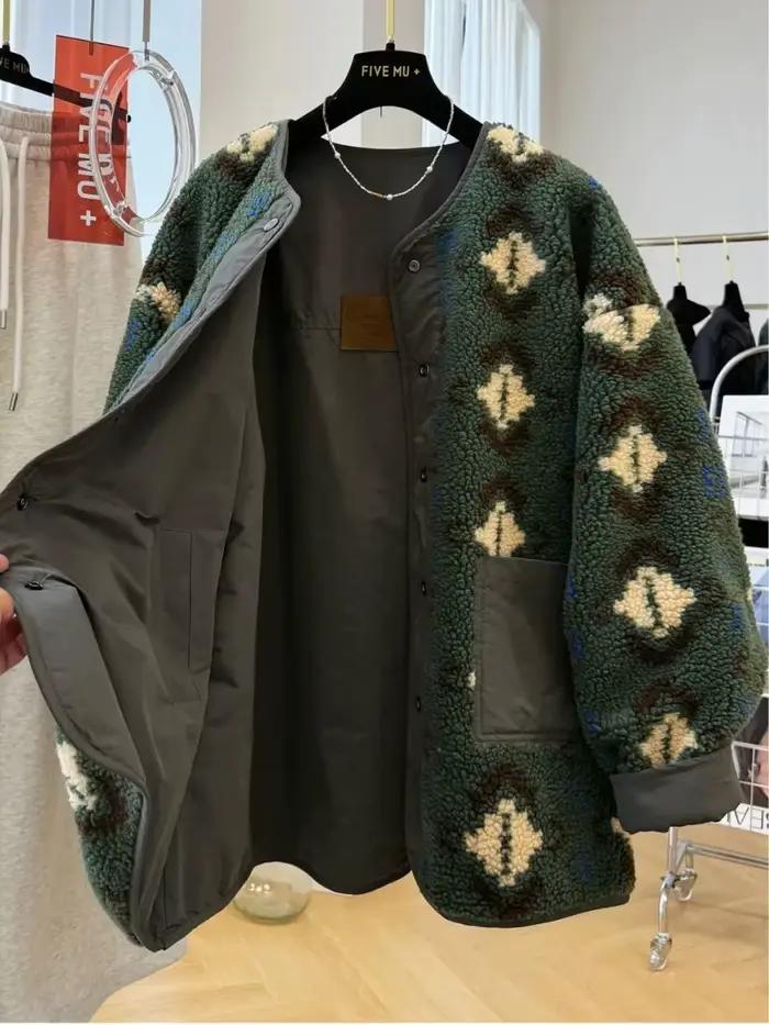 Veste en peluche réversible grande taille vêtements pour femmes Style japonais coréen paresseux décontracté Vintage laine d'agneau manteau polaire w1440