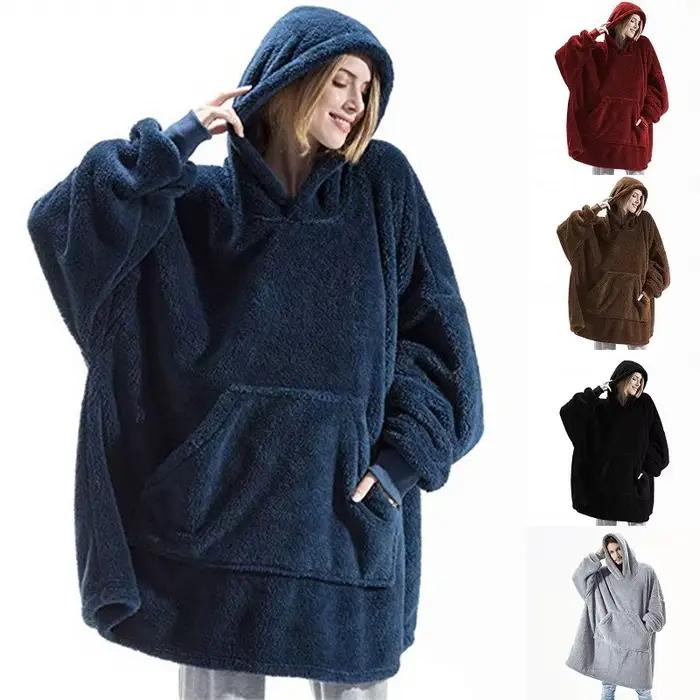 Femmes hiver épais chaud vêtements d'extérieur à capuche solide élégant doux Double polaire veste unisexe poche pull