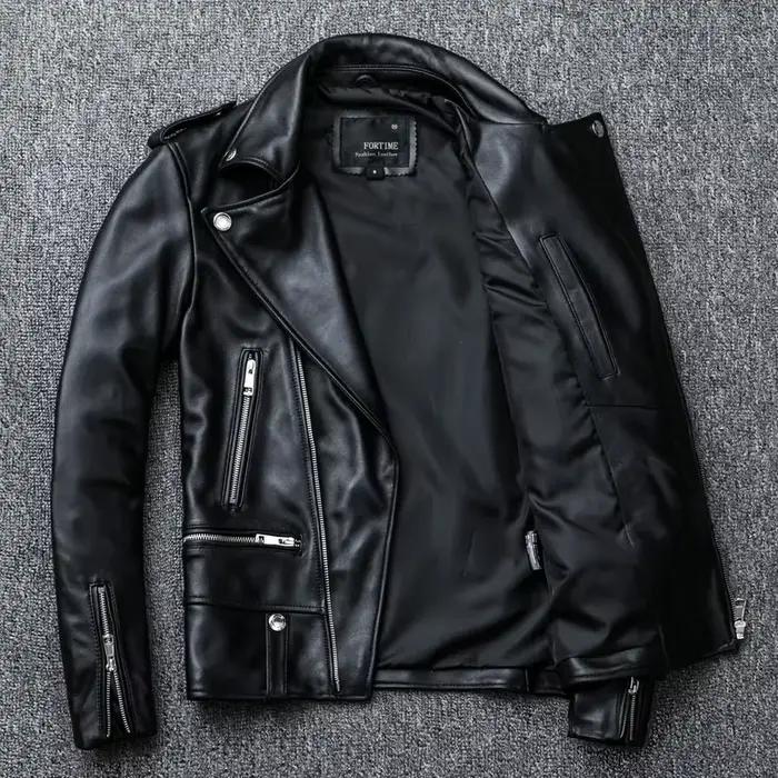 Veste en cuir de mouton naturel pour hommes, veste de moto noire douce, vêtements de moto, manteau court Slim pour motocycliste, printemps et automne