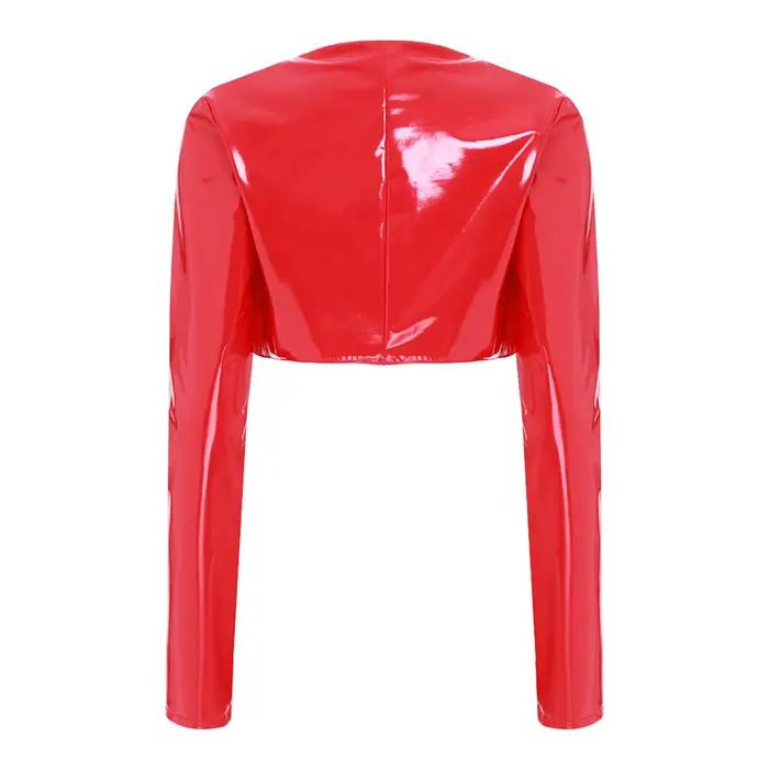Veste courte pour femmes en PU brillant, design ouvert sexy et club, idéale pour les festivals de musique et les soirées disco, disponible en beige, bleu et noir, taille S à XXXL