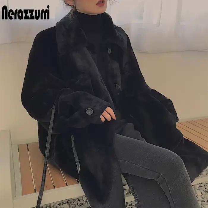 Manteau en fausse fourrure Nerazzurri pour femme, taille large, style décontracté, fourrure épaisse et chaude, col rabattable, hiver, gris, noir, pour occasions spéciales
