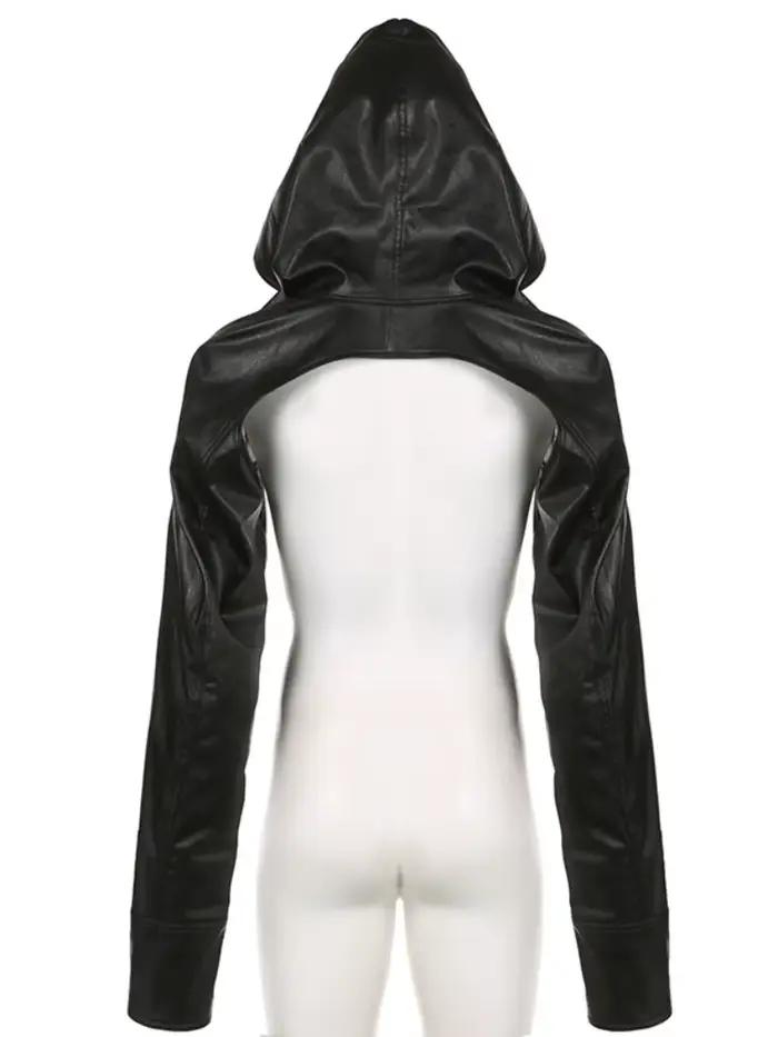 Vintage gothique Cyberpunk Pu veste courte femmes Y2K foncé Harajuku Streetwear Hip Hop Alt à manches longues en cuir à capuche manteaux femme
