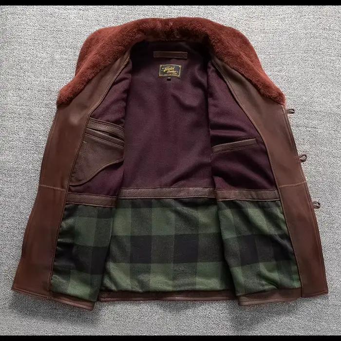 Veste en cuir longue marron rouge pour homme