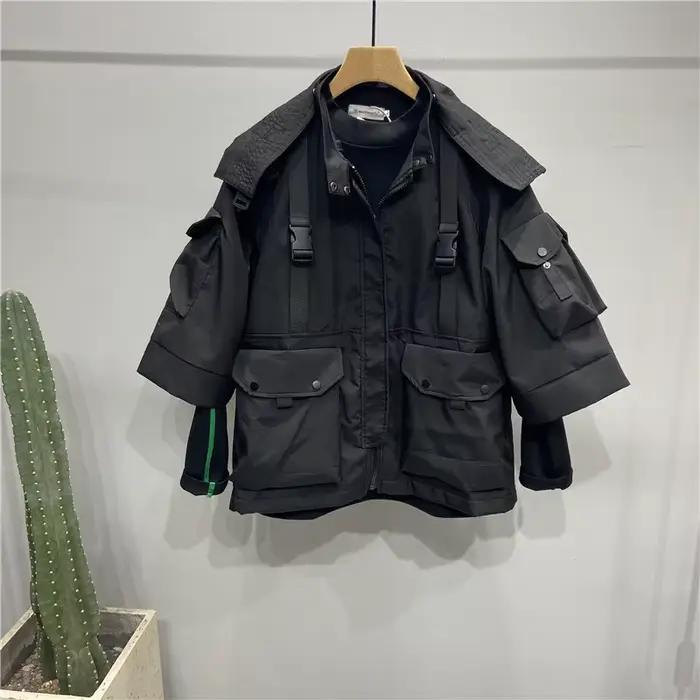 Tactique Techwear vestes à capuche homme multi-poches trois quarts manches fonctionnel Punk Cargo veste manteau