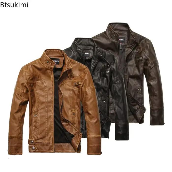 Veste de motard courte pour hommes - Btsukimi - cuir synthétique et fourrure synthétique - coupe cintrée - brun, jaune, noir - occassions quotidiennes et événements - manteau décontracté et élégant