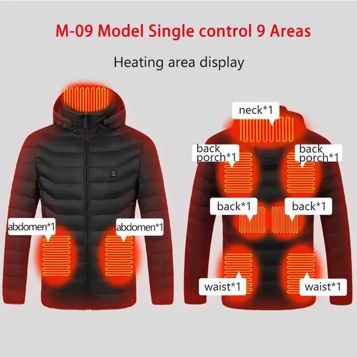 9 zones veste chauffante hommes hiver chaud USB vestes chauffantes Thermostat intelligent à capuche à manches longues vêtements chauffants manteau imperméable