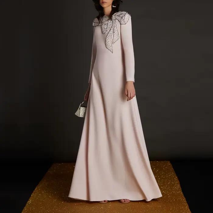 Robes de soirée personnalisées pour invitées de mariage, avec perles et nœuds, manches longues, col rond, coupe trapèze, robe de soirée formelle de luxe