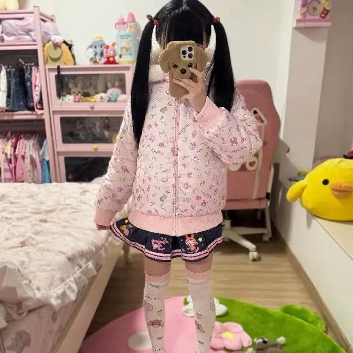 Parka réversible Kawaii en coton et polyester avec broderies de dessins animés pour femmes, look Y2K automne-hiver