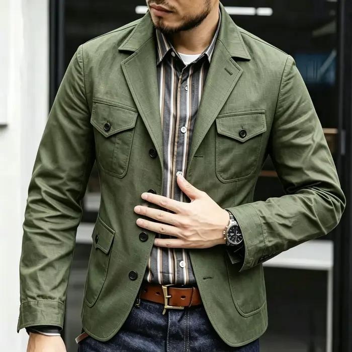 Veste Safari Homme Légère Multi-Poches Style Militaire Vintage Décontractée pour le Voyage et les Activités de Plein Air