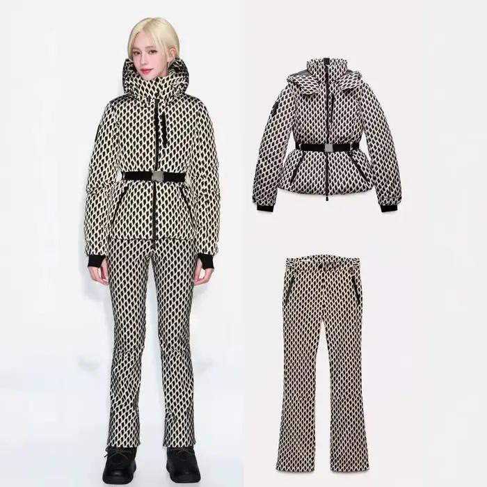 Ensemble de ski deux pièces pour femme, Parka de Sport rembourrée, taille haute, avec ceinture, poches épaisses et chaudes, pantalon de ski coupe-vent, hiver
