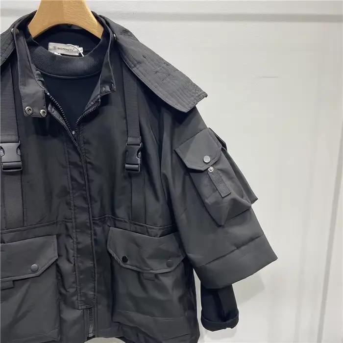 Tactique Techwear vestes à capuche homme multi-poches trois quarts manches fonctionnel Punk Cargo veste manteau