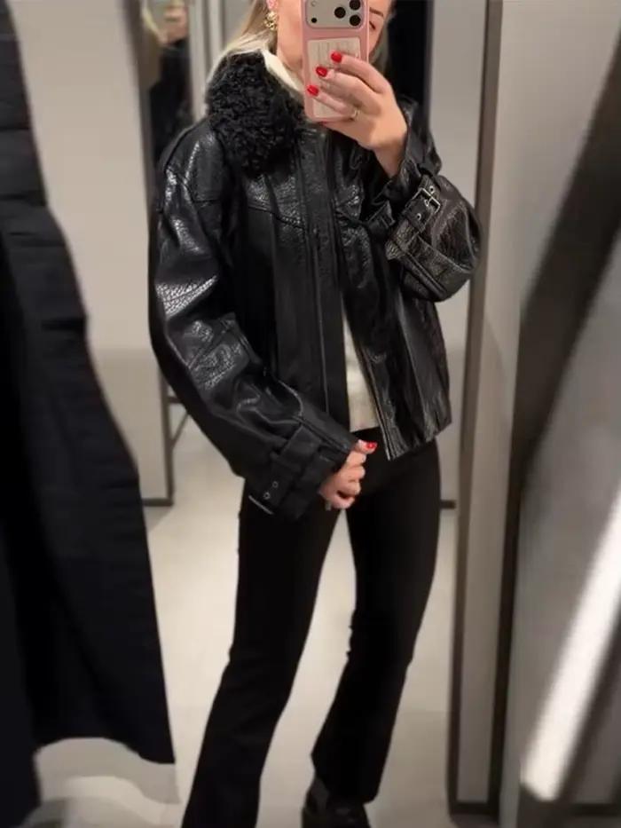 Veste en cuir à col en fausse fourrure femme style chic occassions spéciales soirée élégante polyvalente matériaux polyester lin