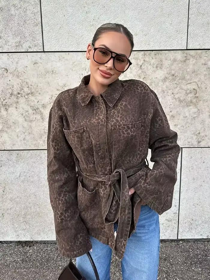 HH femmes mode manteaux léopard col rabattu manches longues nœud à lacets décoration simple boutonnage femme automne vestes